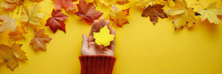 Hand Holding a Yellow Maple Leaf Against a Yellow Background with Autumn Leaves - A hand gently holds a bright yellow maple leaf, symbolizing change, new beginnings, and the beauty of autumn. The yell