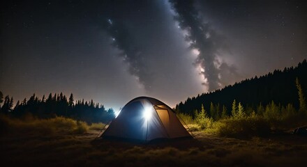 Camping in forest at night with milky way on the sky 4k animation