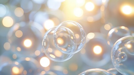 Poster - A cluster of soap bubbles are suspended in the air, illuminated by warm, soft lights in the background