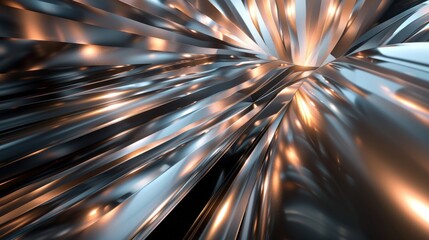 Poster - A close-up of a metallic surface with shimmering stripes that converge at a central point, radiating a warm glow
