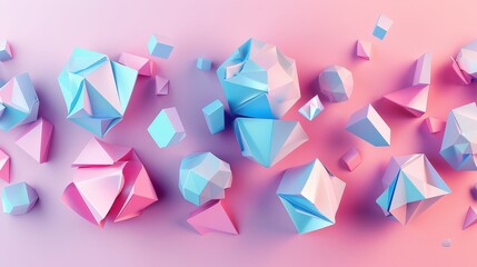 Poster - A collection of abstract geometric shapes, both blue and pink, float against a gradient background of pink and purple