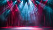 © Tida - A stage with red and blue spotlights illuminating the stage with smoke in the air. The curtains are closed, symbolizing the beginning of a show or event. This image represents excitement, anticipation