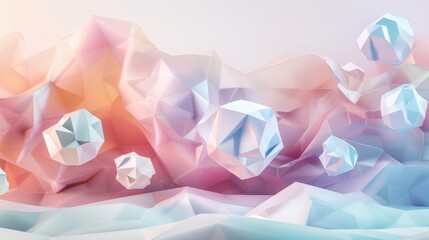 Poster - Geometric shapes float above a background of crinkled pink and blue fabric