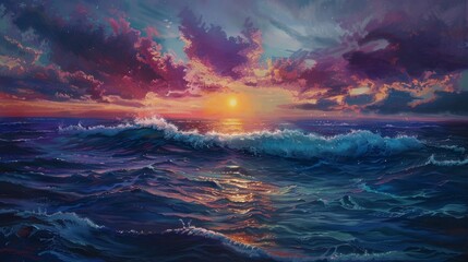 Wall Mural - The image captures a peaceful sunset over the ocean. The sky is ablaze with vibrant colors, while the waves gently roll in, reflecting the warm glow of the sun. This serene scene symbolizes tranquilit