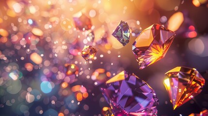 Poster - Several brightly colored faceted gemstones float against a bokeh backdrop, with each gem reflecting light in vibrant hues