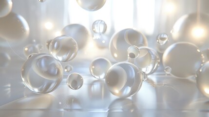 Poster - Multiple translucent spheres of varying sizes float in a white room, illuminated by soft, natural light