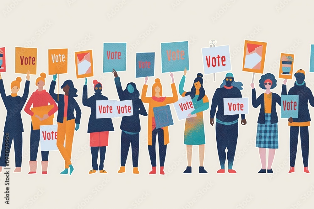 Diverse group of people hold Vote signs in a diagonal line creating ...