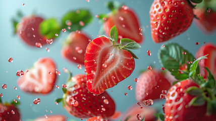 Poster - Strawberry with half slices falling or floating in the air with green leaves isolated on background, Fresh organic fruit with high vitamins and minerals.