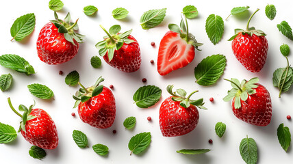 Poster - A close up of a bunch of strawberries with green leaves on white background. The strawberries are ripe and ready to be eaten