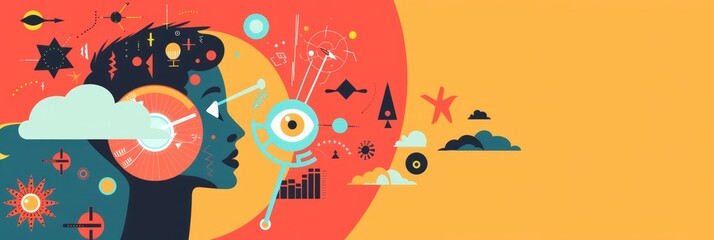 Poster - a person with an open mind surrounded by symbolic elements representing creativity, innovation, know