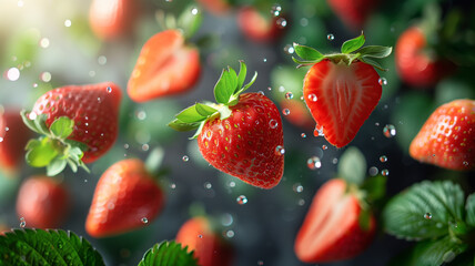 Poster - Strawberry with half slices falling or floating in the air with green leaves isolated on background, Fresh organic fruit with high vitamins and minerals.