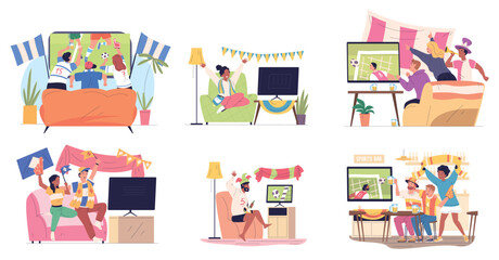 Poster - Soccer fans watch tv. Football fan characters teenager friends watching stadium world cup ball game on home television screen, sport supporter meeting classy vector illustration