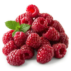 Wall Mural - A bunch of red raspberries with green leaves. The raspberries are fresh and ripe, and the leaves add a touch of color and freshness to the image