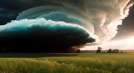 Wall Mural - A large storm cloud looms over a field indicating an impending downpour An ominous storm cloud gathering on the horizon 4k animation