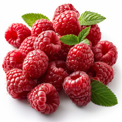 Poster - A bunch of red raspberries with green leaves. The raspberries are fresh and ripe, and the leaves add a touch of color and freshness to the image