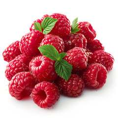 Poster - A bunch of red raspberries with green leaves. The raspberries are fresh and ripe, and the leaves add a touch of color and freshness to the image