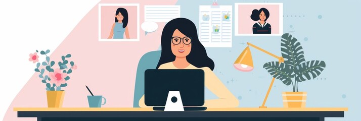 Poster - A young woman sits at a desk in front of a computer, with plants and decor around her, representing the modern, comfortable, and productive workplace. - A young woman sits at a desk in front of a comp
