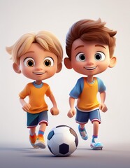 Canvas Print - Children playing soccer 3d cartoon on a neutral white background 