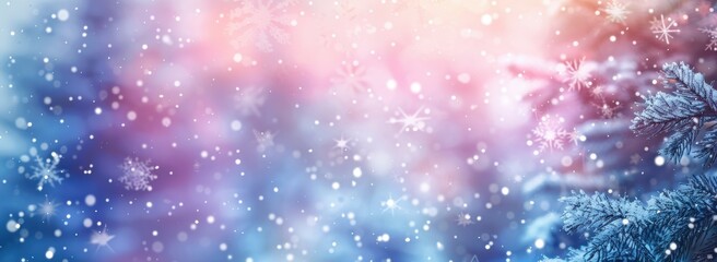 Poster - Blurred background of a winter forest with falling snowflakes in pastel colors with a bokeh effect, banner design for Christmas and New Year celebrations in the style of bokeh effect Generative AI