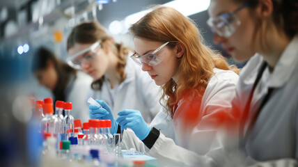 Poster - A group of women scientists are working in a lab. One of them is wearing a lab coat and gloves
