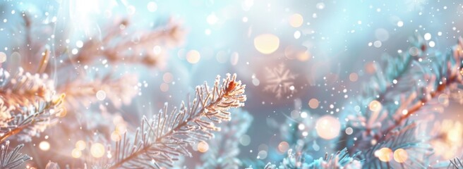 Wall Mural - Abstract blurred background with snowflakes and Christmas tree branches Winter landscape with bokeh lights, copy space for text Generative AI