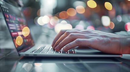 Poster - A person is typing on a laptop computer. The image has a moody, somewhat dark atmosphere, with the person's hand hovering over the keyboard. The laptop screen is lit up