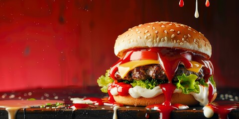 classic cheeseburger splashed on a wall or a board with dripping ketchup and mayonnaise sauce drippi