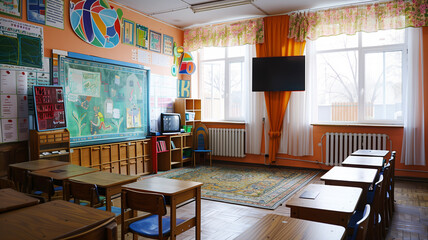 Poster - A classroom with a large black TV on the wall. The room is empty and the TV is turned off