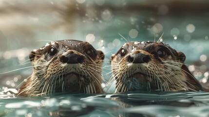 Two adorable otters swimming together in clear water, their heads poking out with curious expressions, captured in a serene and playful natural setting.