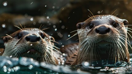 A charming pair of otters swim closely together in sparkling blue water, showing their inquisitive faces and wet fur, bringing a moment of joy and tranquility.