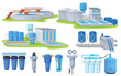 © ssstocker - Water purification industry. Wastewater treatment industrial aqua filters, watertank clean liquid reservoir plant sewage filtration tubes pipe system, set neat vector illustration