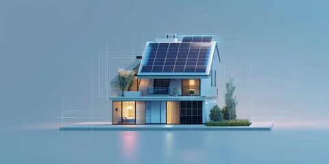  futuristic generic smart home with solar panels rooftop system for renewable energy concepts as wide banner with copyspace area