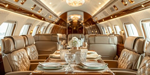 Wall Mural - private jet charter services interior of a private jet with opulent leather seats, fine dining setup