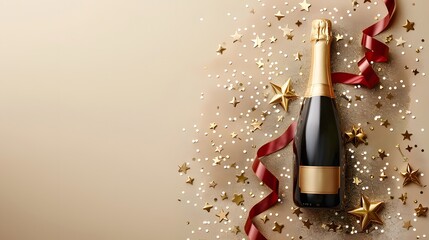 A stylish champagne bottle surrounded by festive gold stars, glitter, and red ribbons, perfect for celebrations. 