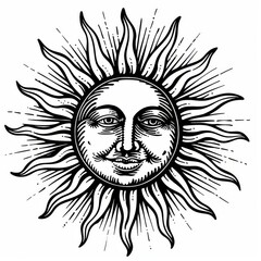 Illustration featuring a face and rays of the sun. A mystical, occult or esoteric design element. Black and white characters in pencil drawings. Image suitable for covers or cards.