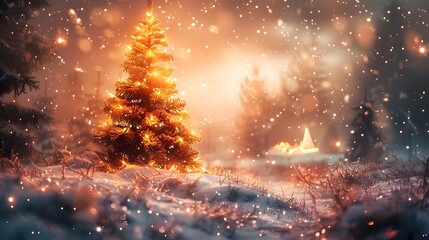 Wall Mural - A beautifully lit Christmas tree stands in a snowy landscape, surrounded by softly falling snowflakes, evoking a magical winter ambiance.