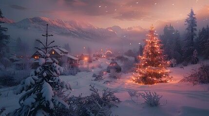 Wall Mural - A serene winter landscape features a beautifully decorated Christmas tree surrounded by snowy mountains and softly lit houses at dusk. 