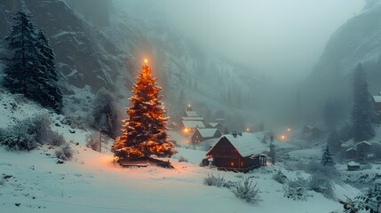 Wall Mural - A serene snowy landscape featuring a beautifully lit Christmas tree in the foreground, surrounded by quaint cabins under a misty winter sky. 