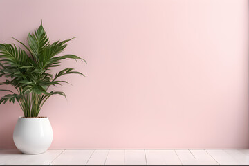 Wall Mural - Plant in white vase on pink wall background.