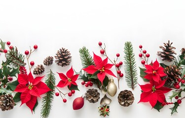 A festive arrangement of red poinsettias, pinecones, and greenery ideal for holiday decorations and seasonal celebrations.