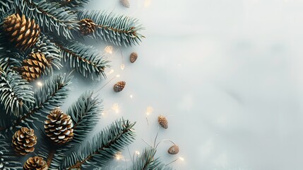 A cozy winter scene featuring evergreen branches and pine cones on a soft, snowy background, perfect for holiday-themed designs. 