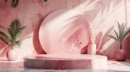 Poster - 3d rendering of a pink marble podium with a pink background. there are two potted plants on either s