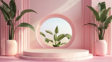Poster - this is a 3d rendering of a pink and green podium with a circular window in the background.