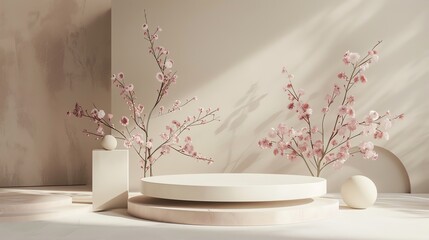 Poster - 3d rendering of a product display platform with a pink flower tree. the platform is made of white an