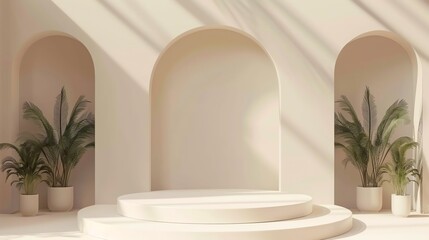 Poster - 3d rendering of an empty cream podium with arches and potted palm trees on each side. the background