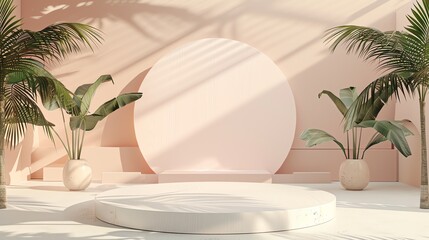 Poster - 3d rendering of a product display. A podium or stage stands in the center of the scene. Plants and leaves are placed around it.