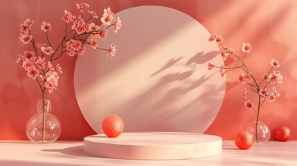 Poster - 3D rendering of a pink podium with a round backdrop and pink flowers. The podium is lit by a soft pink light. The background is a solid pink color.
