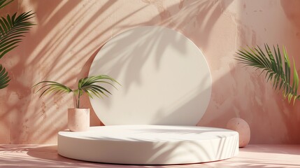 Poster - 3D rendering of a product display platform with a large round podium and a smaller round podium.