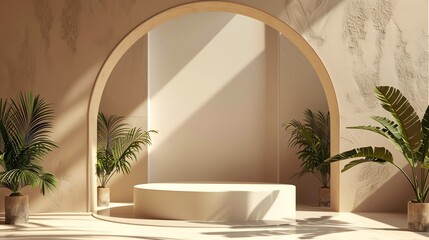 Poster - 3d rendering of a product display platform with a curved wall and plants. the platform is made of wh