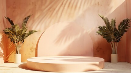 Poster - 3D rendering of a product display platform with a curved backdrop. There are two potted palm trees on either side of the platform.